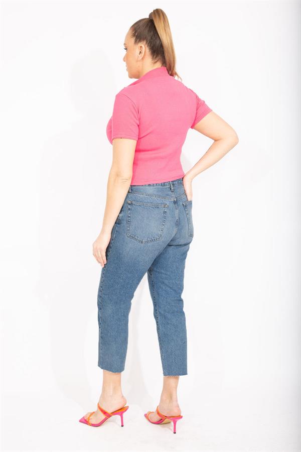 Kadın Mavi Büyük Beden Yıkama Efektli Paçası Pis Dikişli Bilek Boy 5 Cep Kot Pantolon