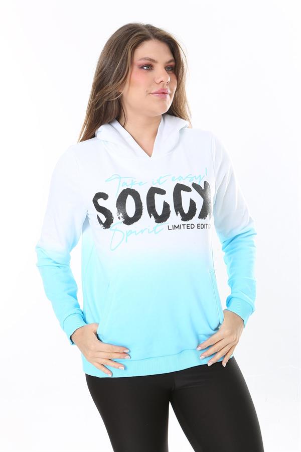 Kadın Büyük Beden Renkli İki İplik Sim Ve Ön Baskı Detaylı Kapşonlu Sweatshirt 65N37162