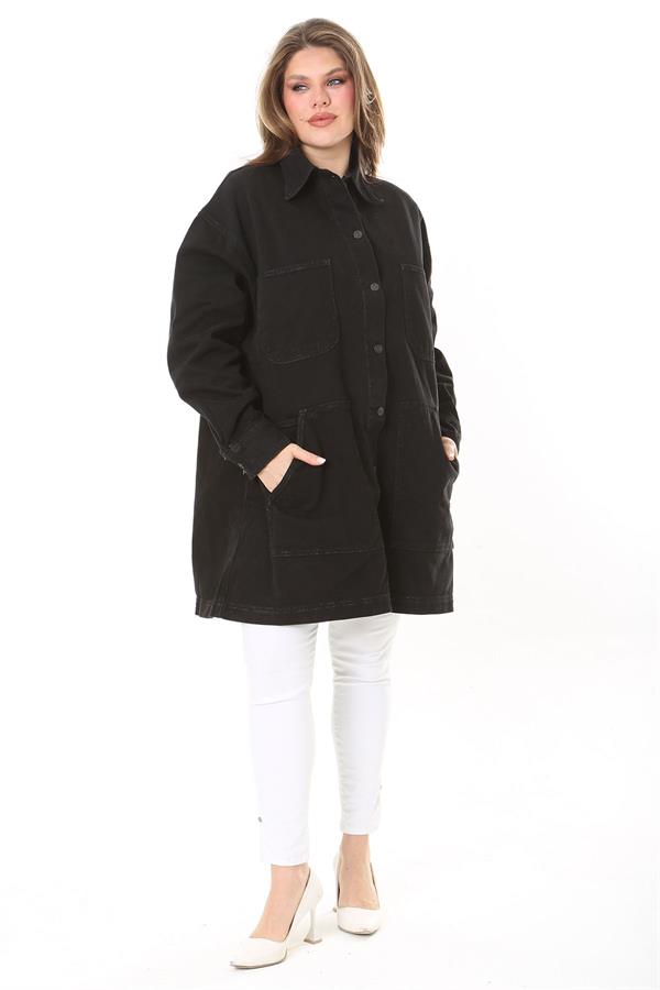 Kadın Büyük Beden Siyah 4 Cepli Rahat Kesim Uzun Kot Mont 65N37893