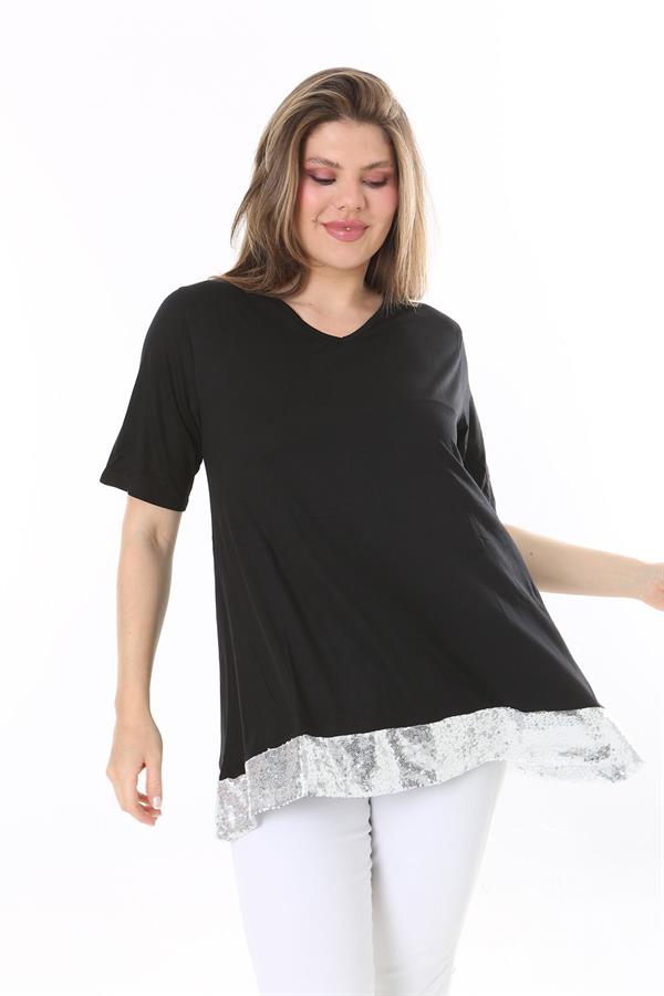 Büyük Beden Siyah Pul Payet Detaylı Bluz