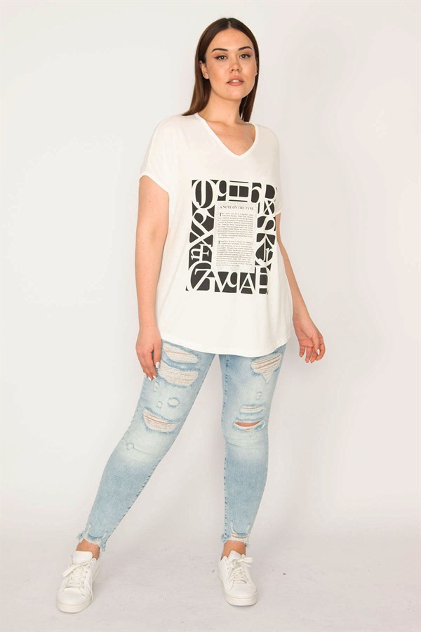 KADIN KEMİK V YAKALI ÖNÜ BASKI VE TAŞ DETAYLI KISA KOLLU BLUZ