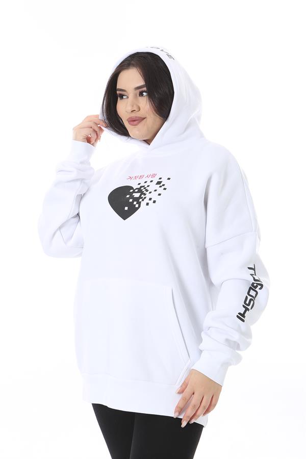 Women's Plus Size White Polar Fleece Print and Hooded Detailed Sweatshirt 65N38623
