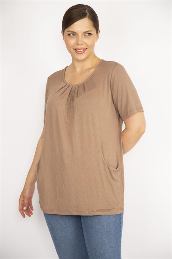 Kadın Camel Büyük Beden Yaka Pileli Ön Cepli Bluz