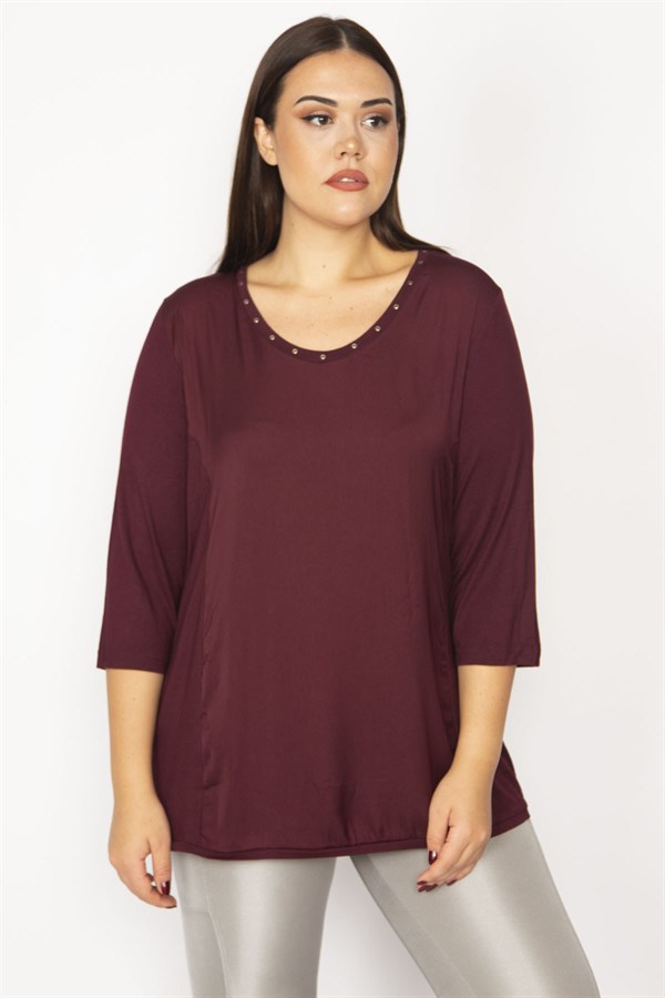 Kadın Mürdüm Yakası Taş Detaylı Kapri Kollu Bluz 65N29285