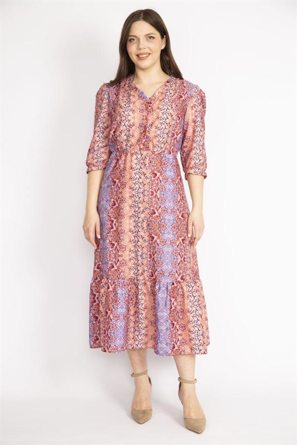 WOMEN'S COLORFUL COLLAR DRESS WITH FRILLED FRONT PLACE, ORNAMENTAL BUTTONS, WAIST AND ARM EMBROIDERY DETAILED