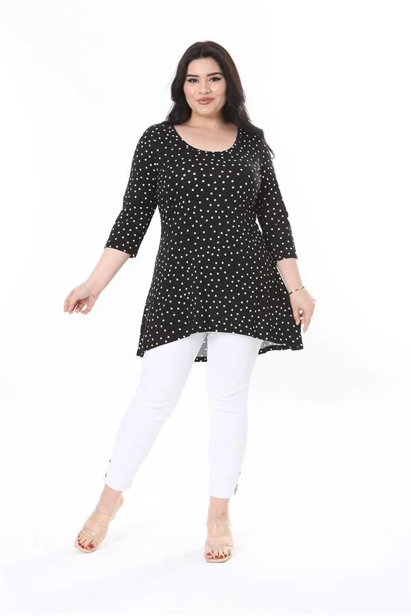 Kadın Büyük Beden Siyah Puan Desenli Kapri Kollu Bluz 65N38010