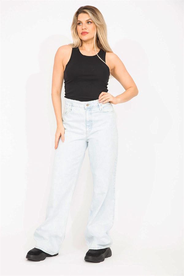 Kadın Büyük Beden Mavi Yıkama Efektli Yırtık Detaylı Yüksek Bel Kot Pantolon 65N36779