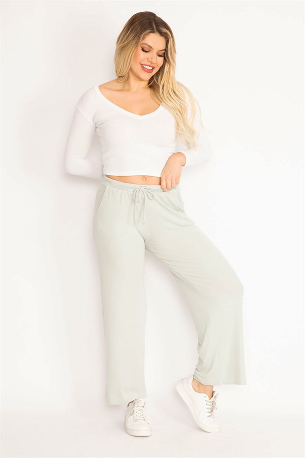 Kadın Bebe Mavisi Kendinden Çizgili Bel Bağcıklı Pantolon 65N35103