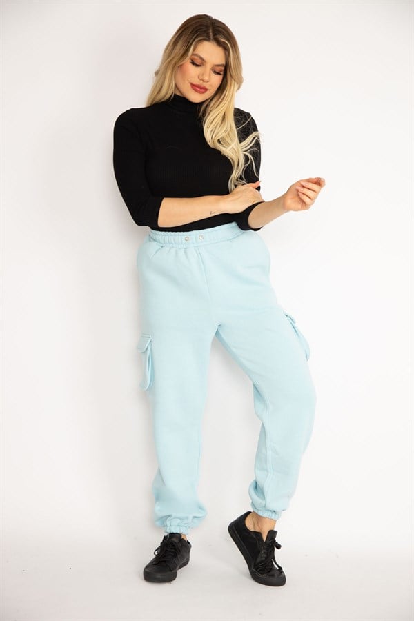 Kadın Mavi İçi Şardonlu 3 İplik Kargo Cepli Eşofman Alt 65N35097