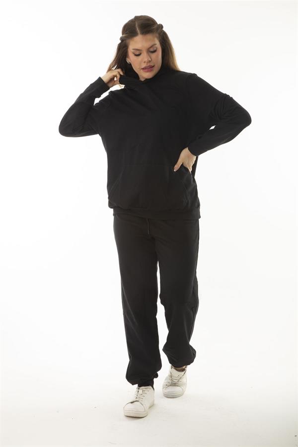 Kadın Büyük Beden Siyah Kanguru Cep Ve Kapşonlu Sweatshirt Pantolon İliki Takım 65N37053