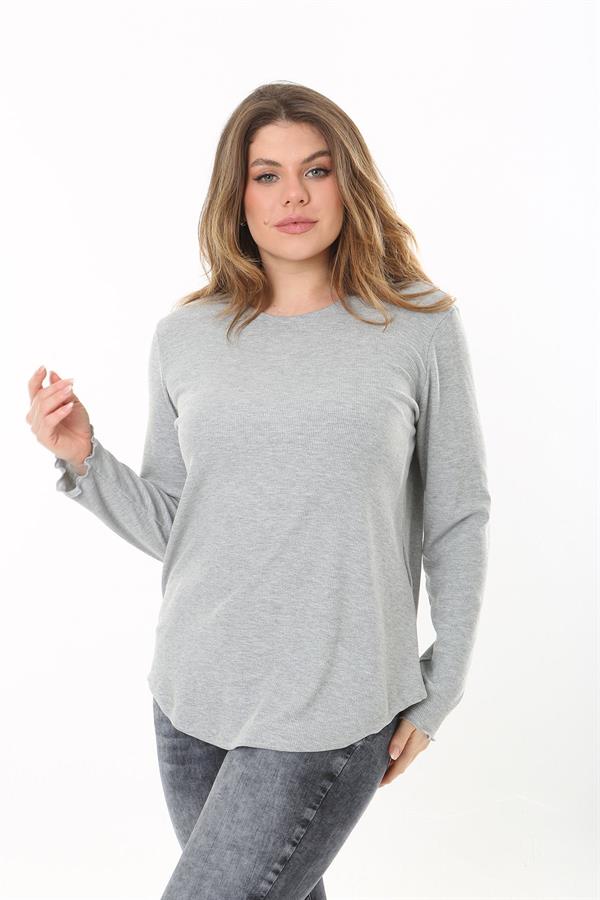 Kadın Büyük Beden Gri Bisiklet Yakalı Kendinden Çizgili Uzun Kollu Bluz 65N37529