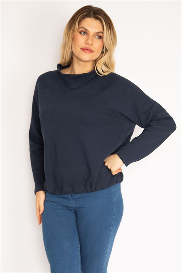 Women's Navy Blue Raglan Sleeve Hem Eyelet Lace-Up Sweatshirt 65N35182