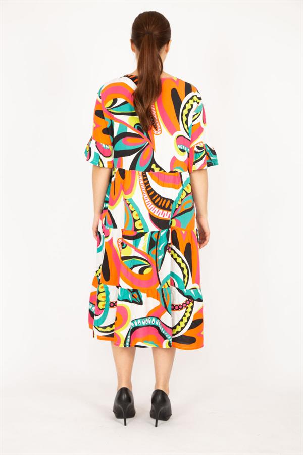 Kadın Renkli Büyük Beden Dokuma Viskon Kumaş Katlı Elbise 65N35838