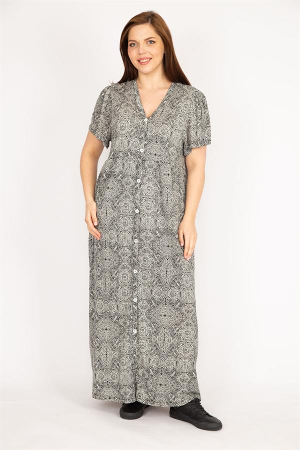 Kadın Siyah Büyük Beden Ön Boy Düğmeli Cepli Uzun Elbise