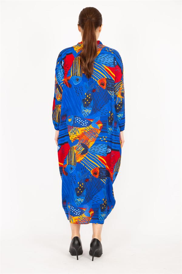 Kadın Fujya Büyük Beden Dokuma Viskon Kumaş Ön Boy Düğmeli Elbise