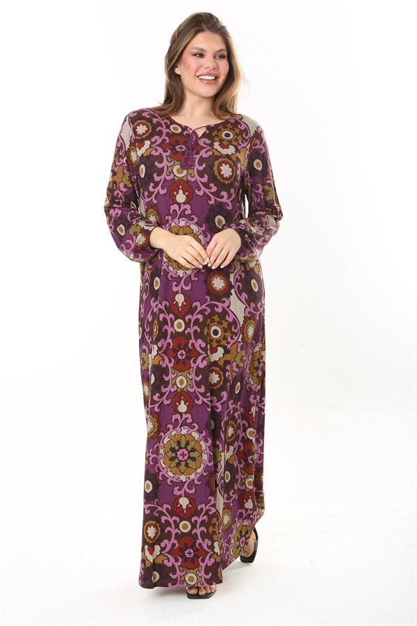 Kadın Büyük Beden Kahve Yaka Bağcıklı Uzun Kollu Maksi Boy Elbise 65N37866