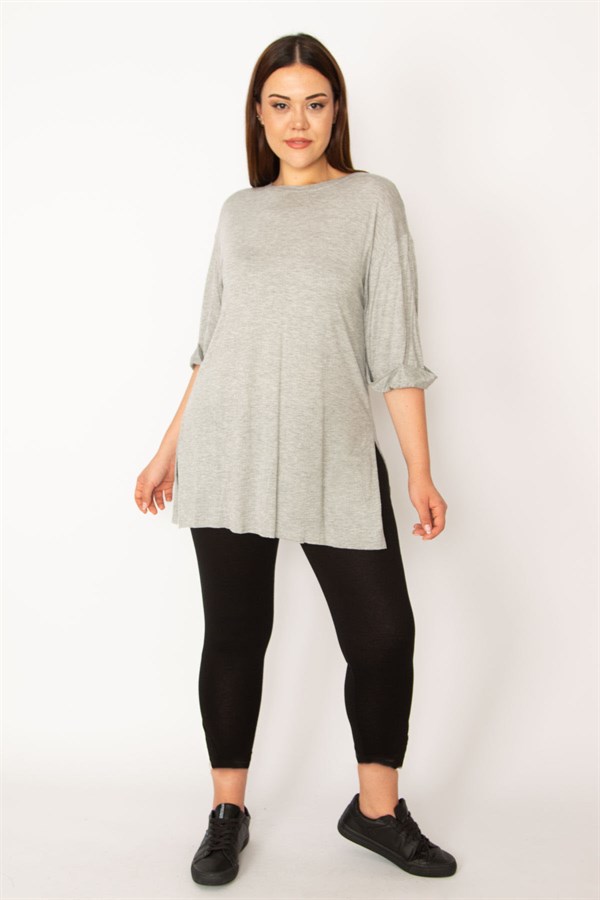 Kadın Gri Duble Kol Yan Yırtmaçlı Bluz 65N33299