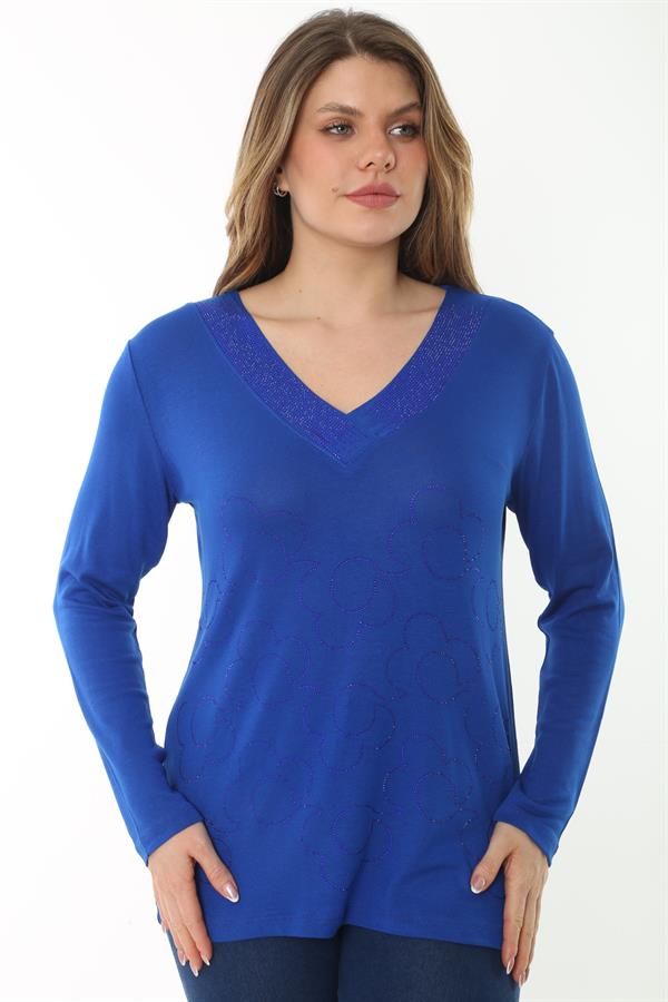 Kadın Büyük Beden Saks V Yakalı Taş Detaylı Uzun Kollu Bluz 65N37153