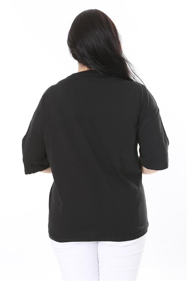 Kadın Büyük Beden Siyah Pamuk Kumaş Ön Baskılı Kısa Kollu Bluz 65N38009