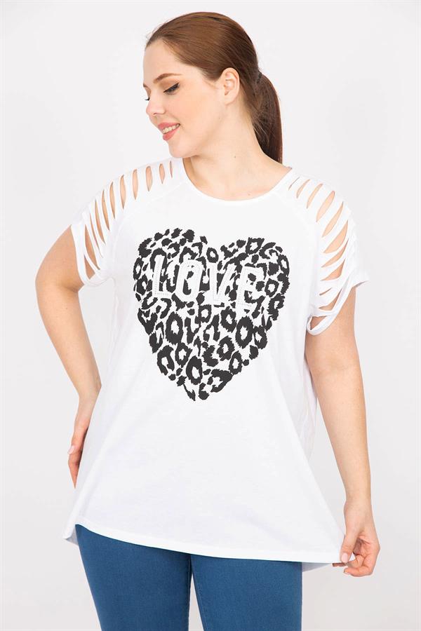 Kadın Beyaz Büyük Beden Kolları Lazer Kesim Taş Ve Baskı Detaylı Bluz