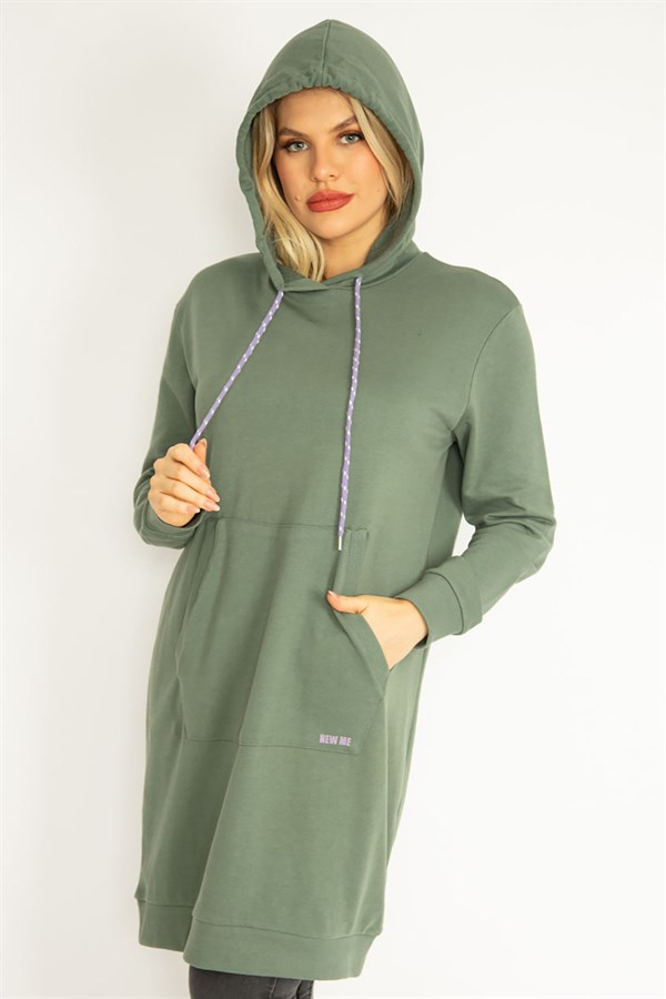 Women's Green Hooded Kangaroo Pocket Long Sweatshirt 65N35070