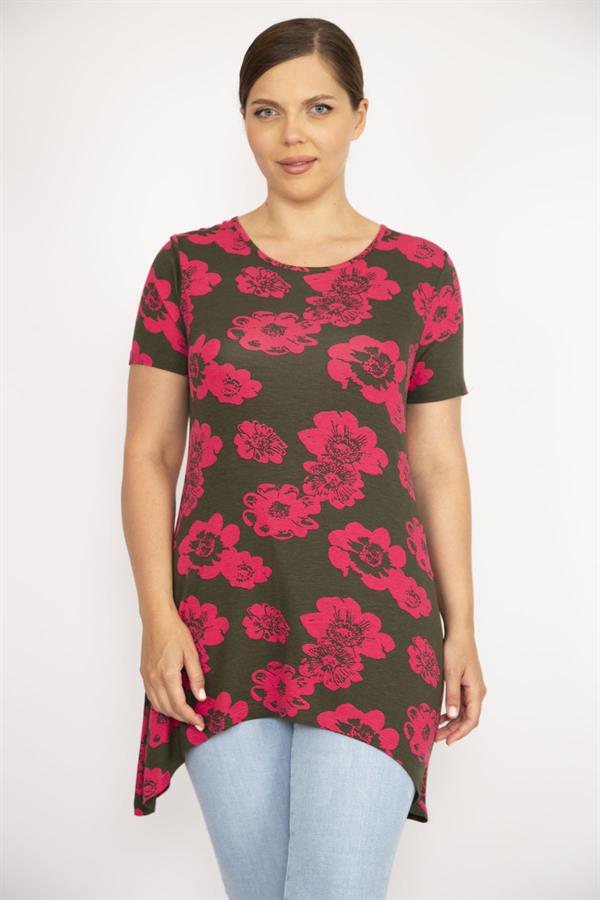 Kadın Renkli Büyük Beden Bisiklet Yakalı Etek Ucu Asimetrik Kesim Kısa Kollu Bluz