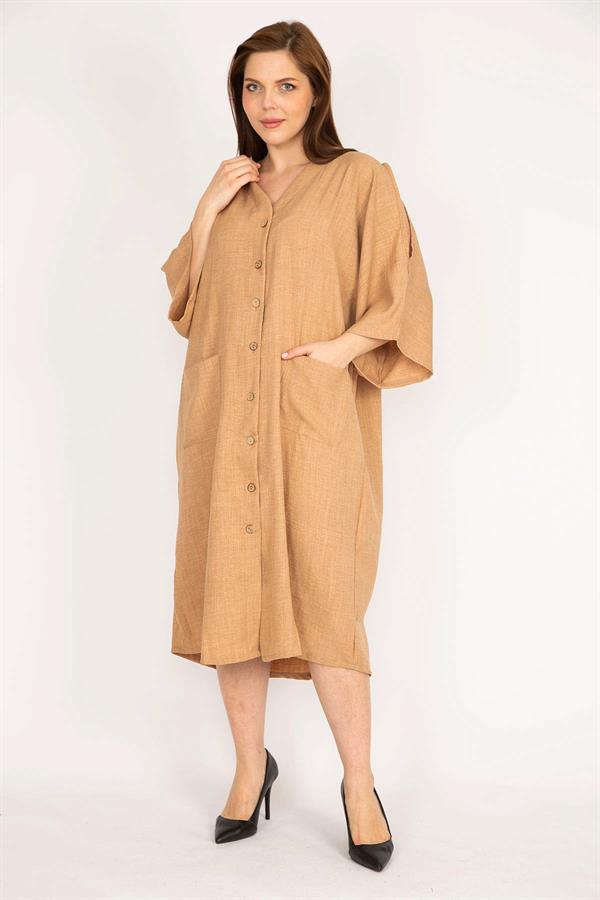 Kadın Camel Büyük Beden Omuz Dekolteli Ön Düğmeli Elbise