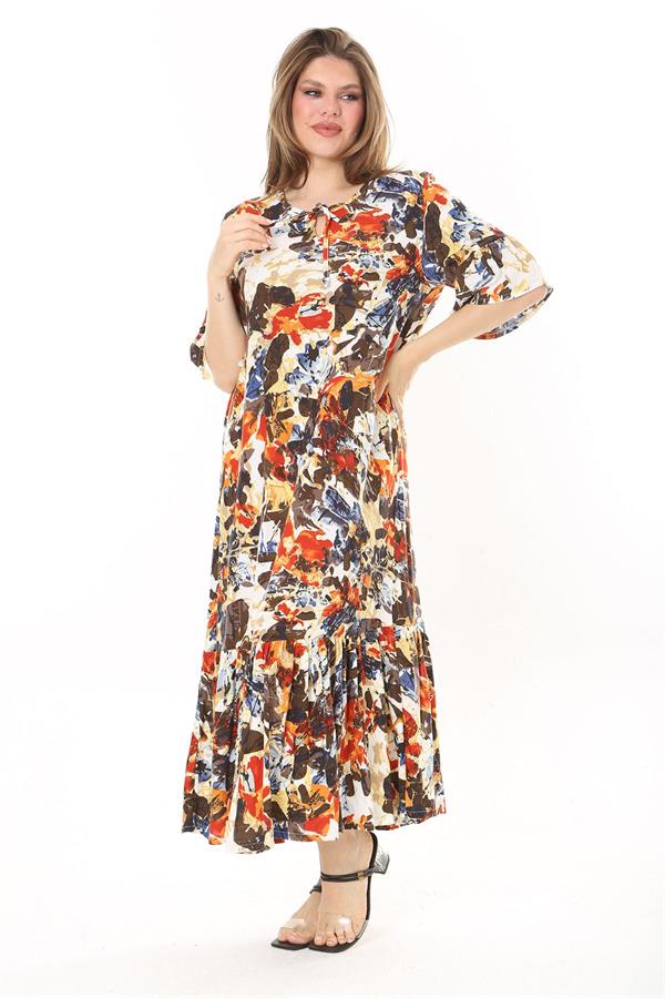 Kadın Büyük Beden Mavi Dokuma Viskon Kumaş Eteği Katlı Kısa Kollu Elbise 65N37868