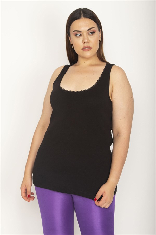 Kadın Siyah Pamuklu Kumaş Yakası Dantel Detaylı Kolsuz Bluz 65N26627