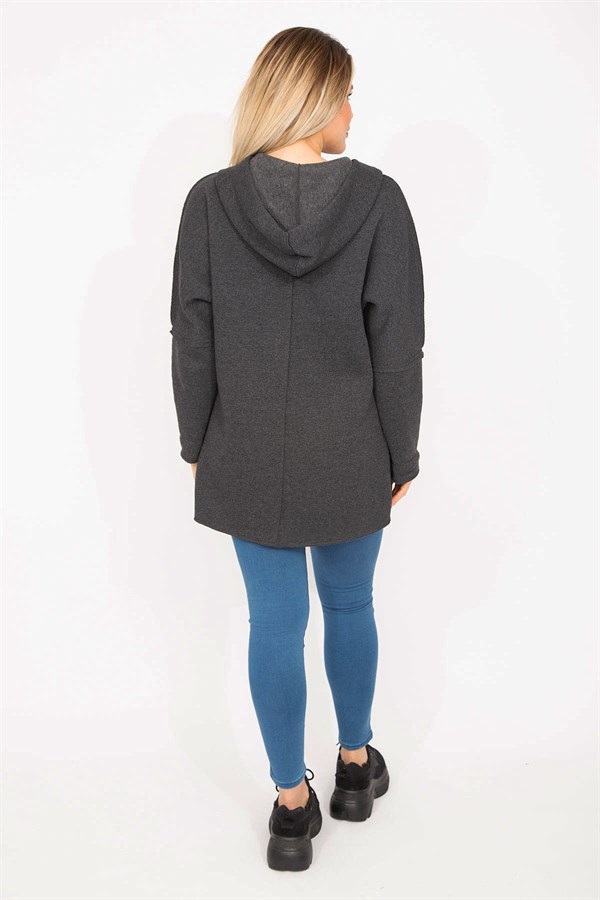 Kadın Antrasit Ön Fermuarlı Cep Ve Kapşonlu Mont 65N35108