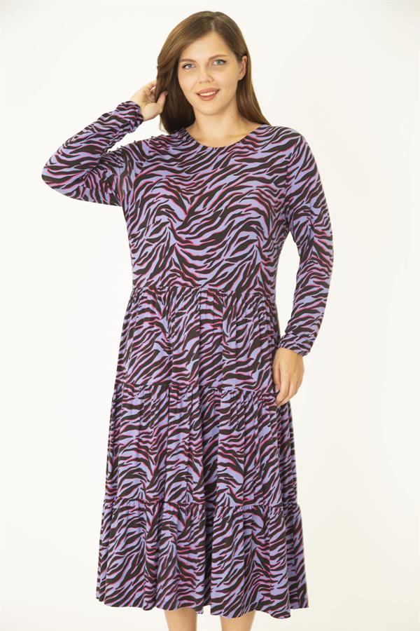 Kadın Büyük Beden Lila Öpücük Yaka Katlı Uzun Kollu Elbise 65N36913