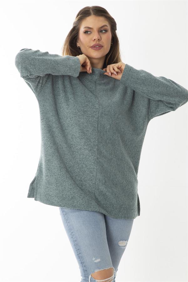 Kadın Büyük Beden Yeşil Yün Viskon Kumaş Sıfır Yakalı Yan Yırtmaçlı Tunik 65N37019