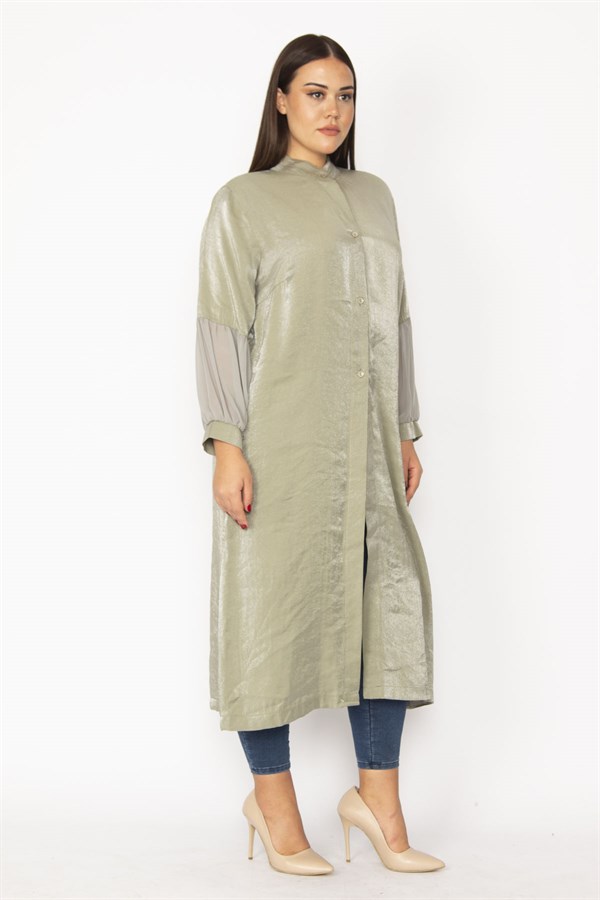 Kadın Siyah Simli Kumaş Kol Ağzı Şifon Detaylı Hakim Yaka Ön Düğmeli Uzun Kap 65N28483