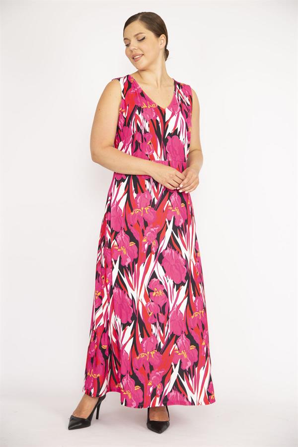 Kadın Büyük Beden Fujya V Yakalı Kolsuz Uzun Elbise