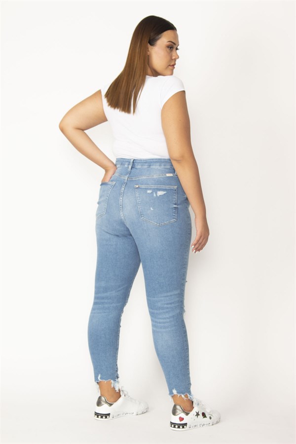 Kadın Mavi Yırtık Detaylı Yıkama Efektli 5 Cepli Skinny Kot Pantolon 65N28095