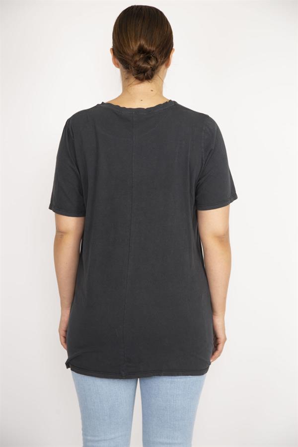 Kadın Büyük Beden Füme Pamuklu Kumaş Ön Baskılı Bisiklet Yakalı Bluz