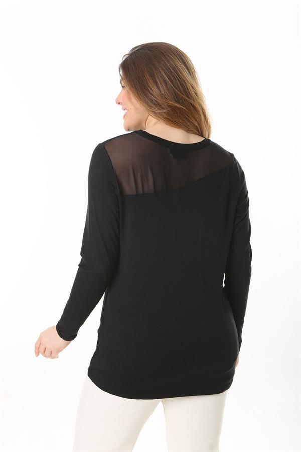 Kadın Büyük Beden Siyah Ön Ve Arka Yakası Tül Detaylı Uzun Kollu Bluz 65N37538