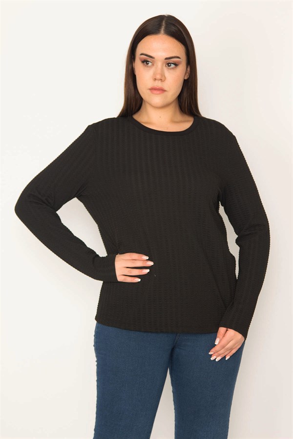 KADIN SİYAH BİSİKLET YAKA KENDİNDEN KABARTMA DESENLİ BLUZ