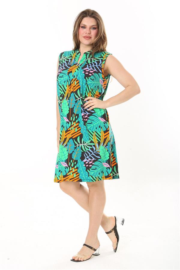 Kadın Büyük Beden Yeşil V Yakalı Desenli Kolsuz Elbise 65N37886