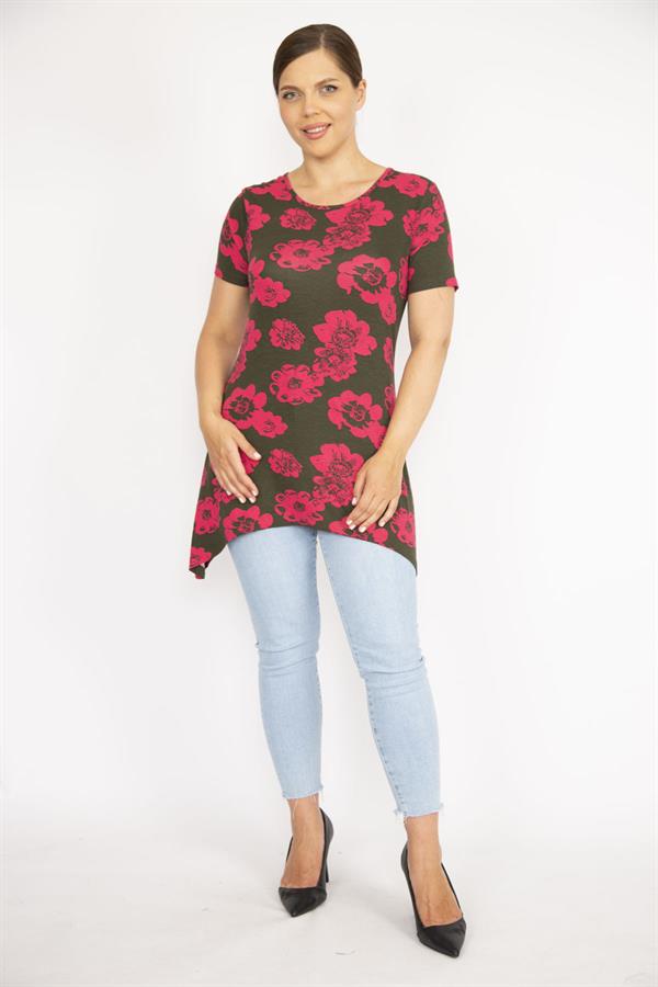 Kadın Renkli Büyük Beden Bisiklet Yakalı Etek Ucu Asimetrik Kesim Kısa Kollu Bluz