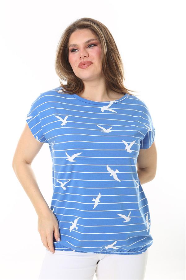 Kadın Büyük Beden Mavi Pamuk Kumaş Etek Ucu Lastikli Düşük Kollu Bluz 65N37896