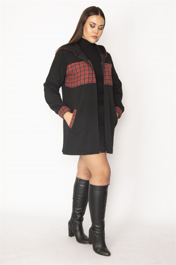 Kadın Bordo Ekose Desen Detaylı Kapşonlu Mont 65N29568