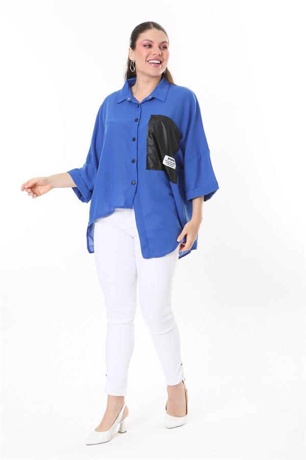 Chemise en similicuir grande taille pour femme, fermeture à boutons-pression, poche et détail sur le devant 65N37698 Chemise en similicuir grande taille pour femme, fermeture à boutons-pression, poche et détail sur le devant 65N37698