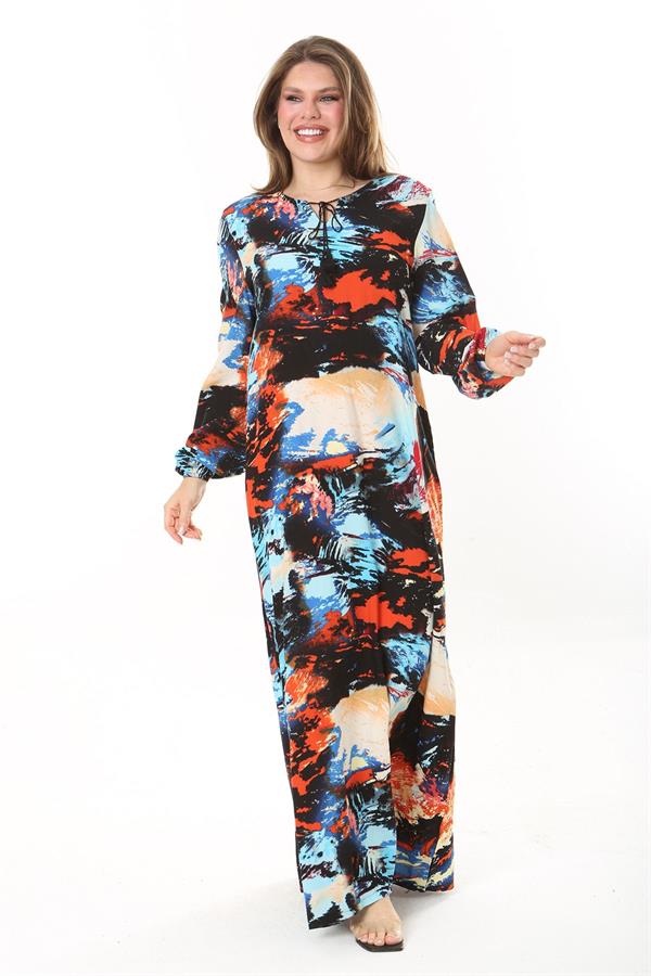 Kadın Büyük Beden Mavi Yaka Bağcıklı Uzun Kollu Maksi Boy Elbise 65N37869