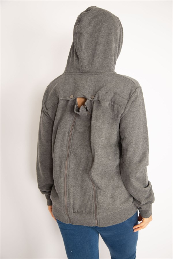 Kadın Gri Sırtı Çift Fermuar Ve Çıtçıt Düğme Ve Ön Fermuarlı İçi Şardonlu Sweatshirt 65N35069