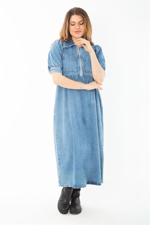 Kadın Büyük Beden Mavi Ön Pat Fermuarlı Kot Elbise 65N37377