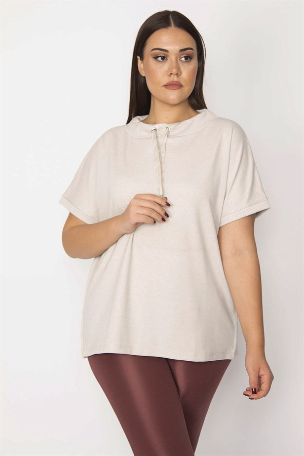 Kadın Taş Yakası Kuşgözü Bağcık Detaylı Yanları Sim Şeritli Dıuble Kollu Tunik 65N29614