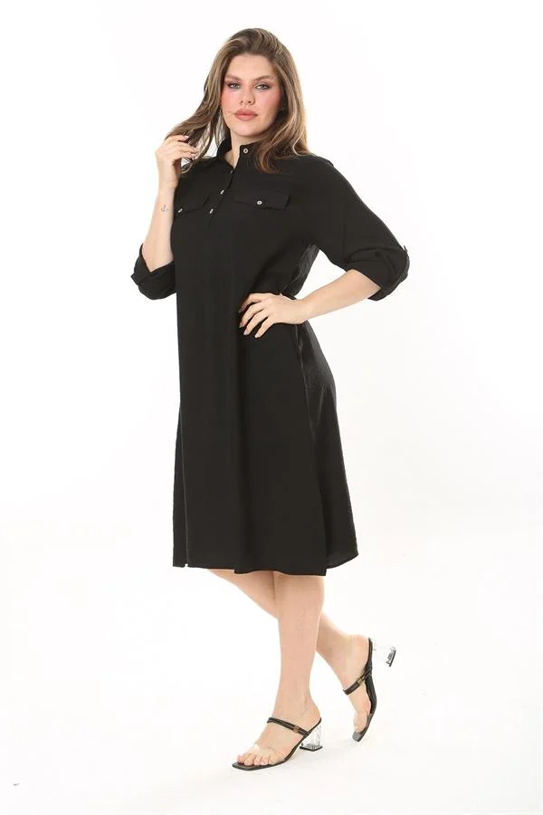 Kadın Büyük Beden Nar Ön Pat Düğmeli Süs Göğüs Cepli Kol Boyu Ayarlı Elbise 65N37871