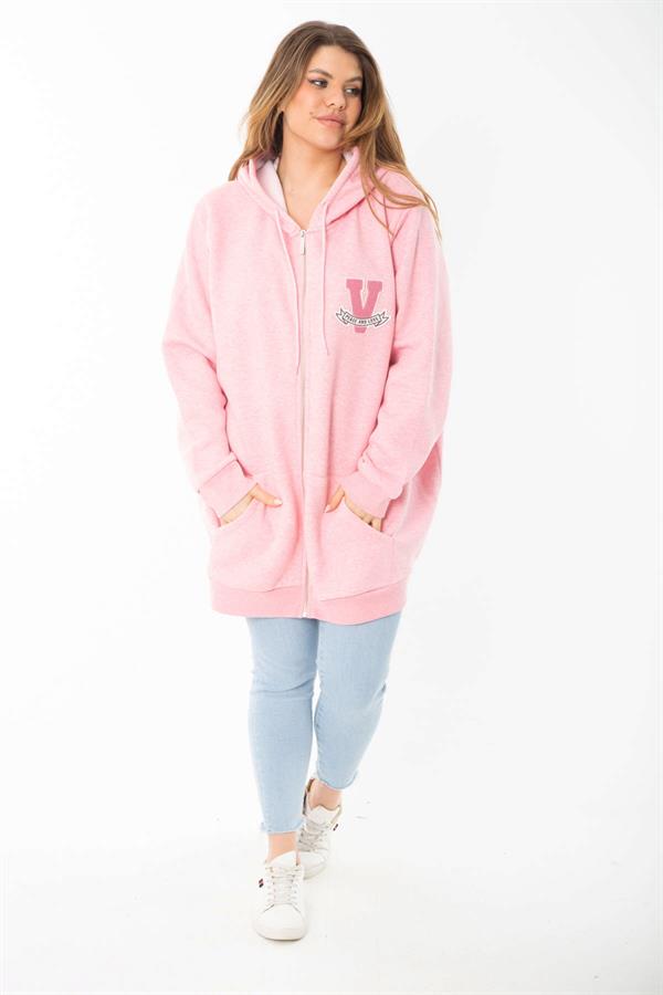 Kadın Büyük Beden Mavi İçi Şardonlu Ön Fermuar Ve Kapşonlu Sweatshirt 65N37405