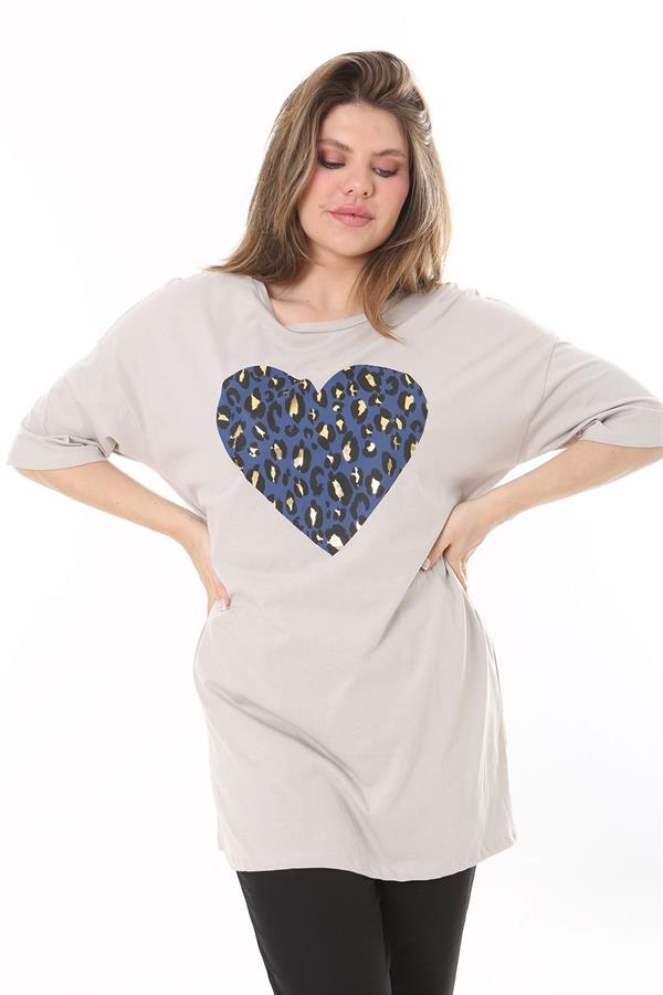 Kadın Büyük Beden Vizon Lak Baskılı Yan Yırtmaçlı Bluz 65N37801